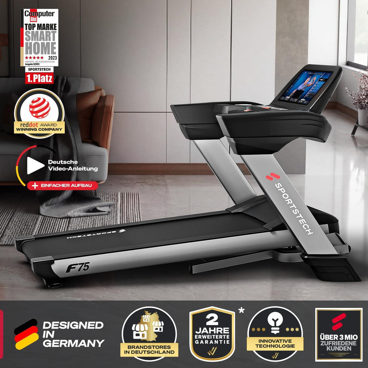 Sportstech, Laufband klappbar mit groรem 21,5-Zoll-Touchdisplay, F75
