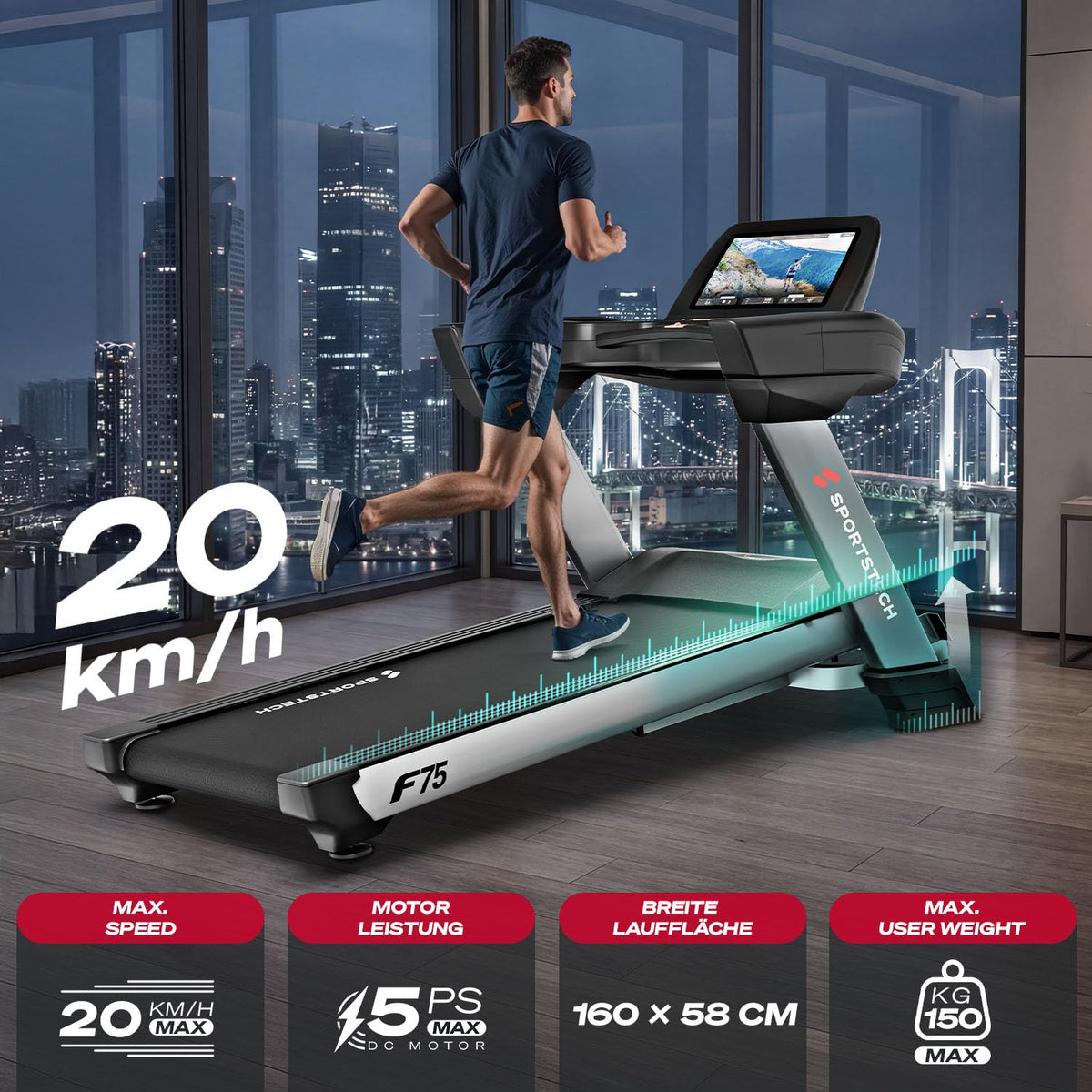 Sportstech, Laufband klappbar mit groรem 21,5-Zoll-Touchdisplay, F75
