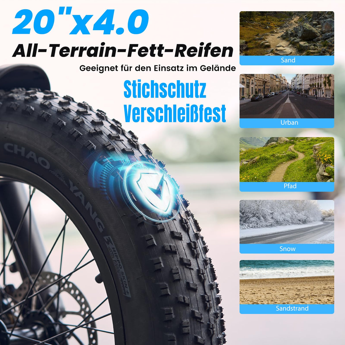 Finbike E Bike mit All-Terrain 20 * 4.0 Zoll Fetten Reifen,Elektrofahrrad mit 374.4mAh Abnehmbarem Akku,4 Fahrmodi,PAS Reichweite MAX 100KM,Elektrofahrräder für Herren Damen,E Fahrrad mit 250W Motor