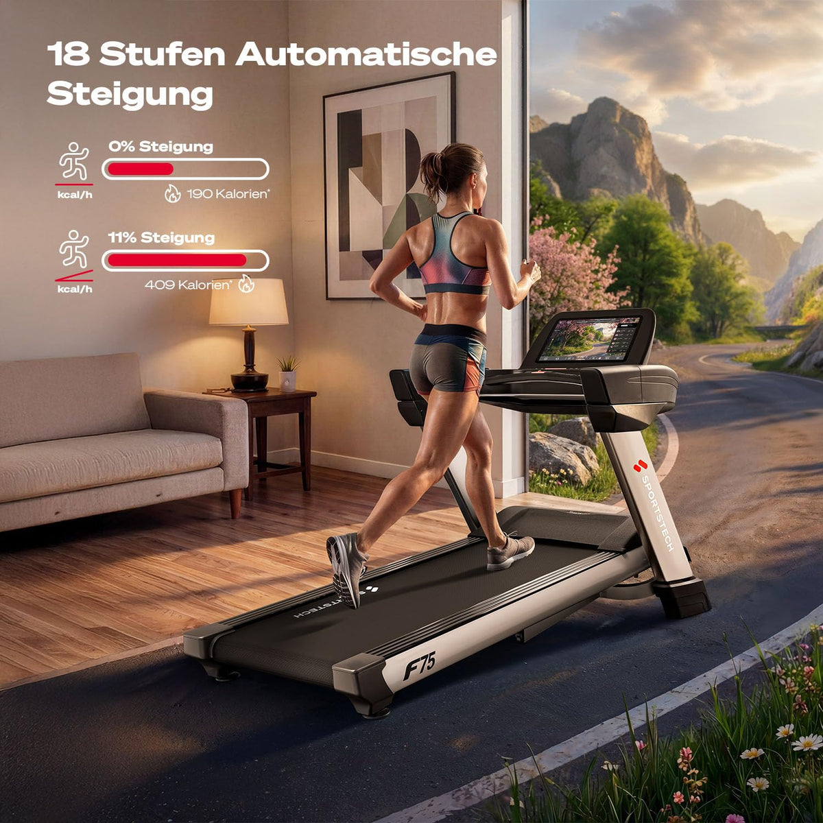 Sportstech, Laufband klappbar mit groรem 21,5-Zoll-Touchdisplay, F75
