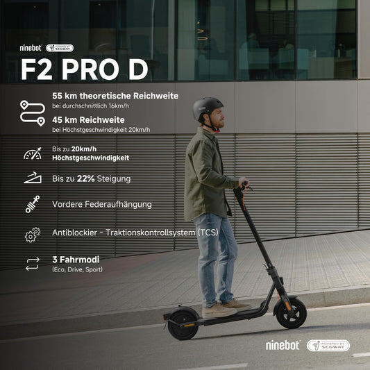 Segway-Ninebot F2 Pro D, E-Scooter mit Straßenzulassung für Erwachsene, max. 20 km/h Geschwindigkeit, 55 km Reichweite, Lange Reichweite