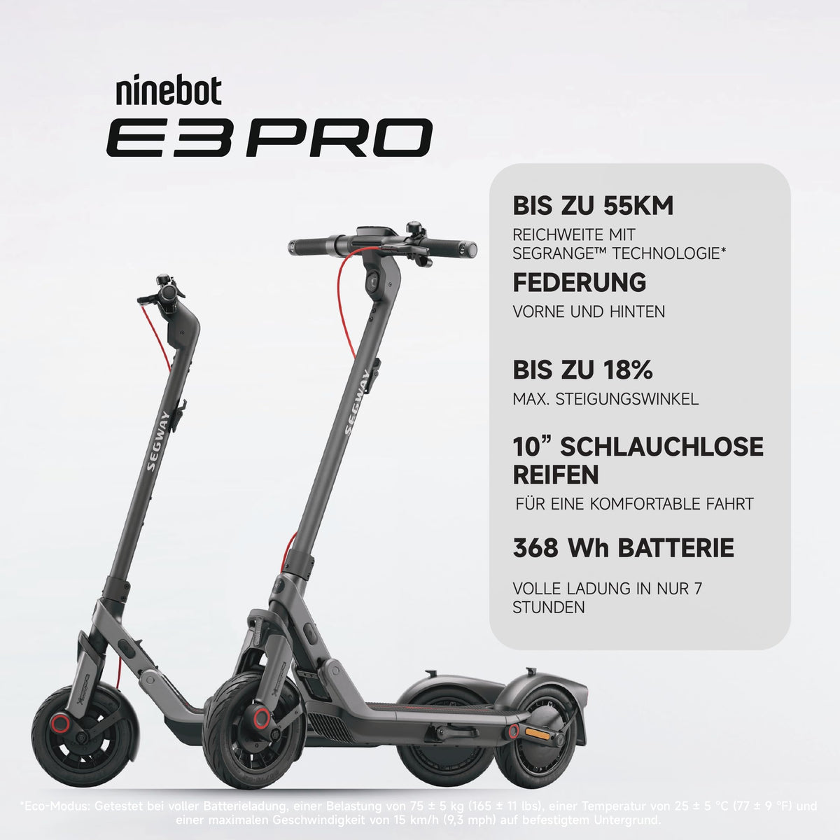 Segway-Ninebot E3 Pro D, E-Scooter Deutscher Straßenzulassung, 55 km Eco Modus Reichweite, 47km Sport Modus Reichweite, Federung vorne & hinten, 800 W Motor, faltbar, 17,9 kg, 10-Zoll Reifen, IPX5