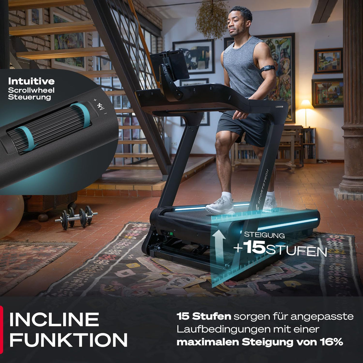 Sportstech sTread Lite Laufband für Zuhause klappbar bis 150 kg & 20 km/h – Treadmill mit 16% Steigung, 7 PS Motor, extra große Lauffläche, LED-Display, App-kompatibel, sPulse Pulsgurt inkl.
